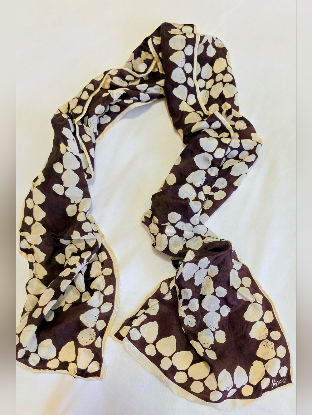 1970s Vera Neumann Silk Scarf Brown and Cream Pattern Vintage